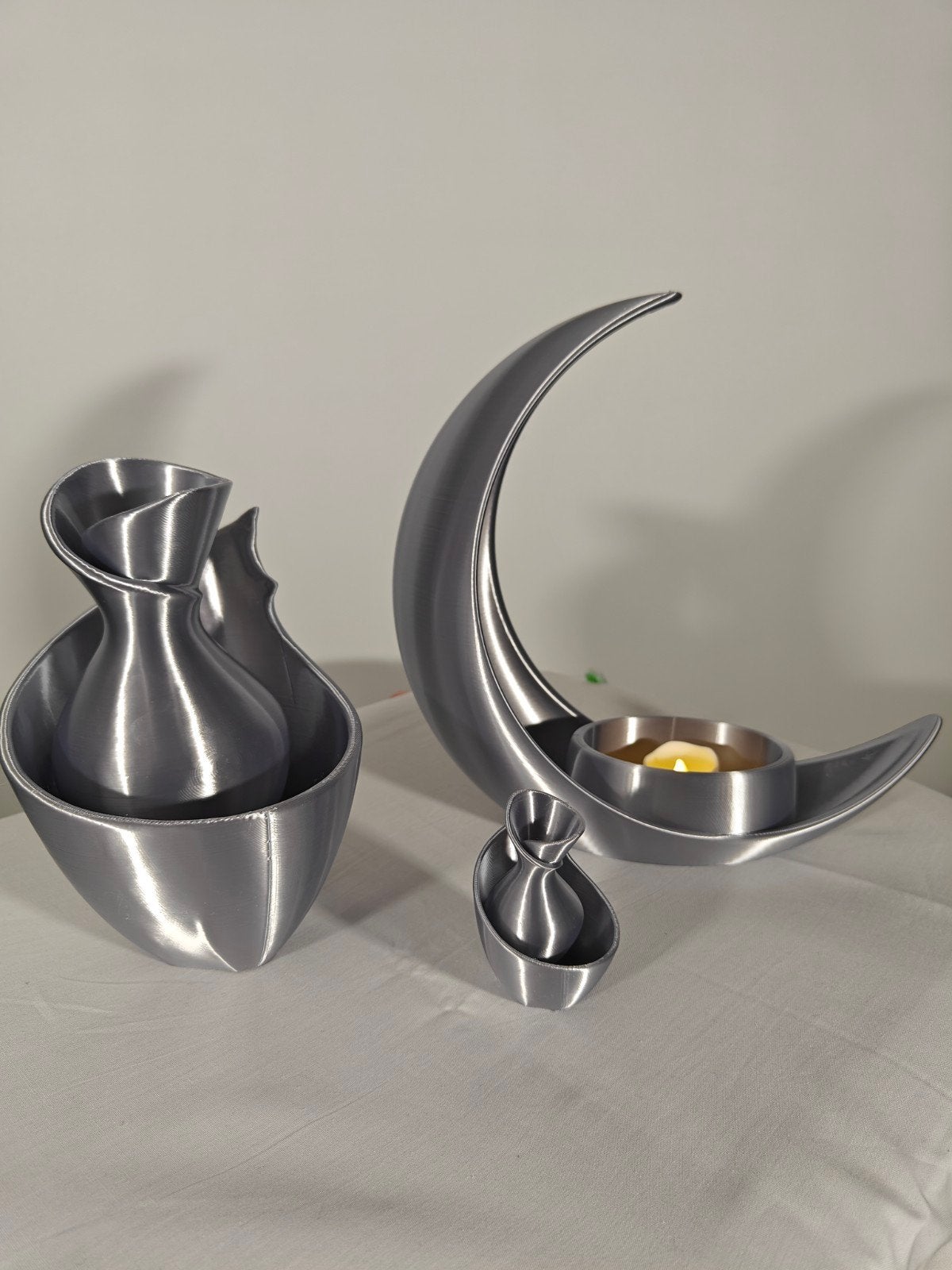 Zilverkleurige decoratieset – 2 vazen & maan, Kunststof, Nieuw, Ophalen of Verzenden, Grijs