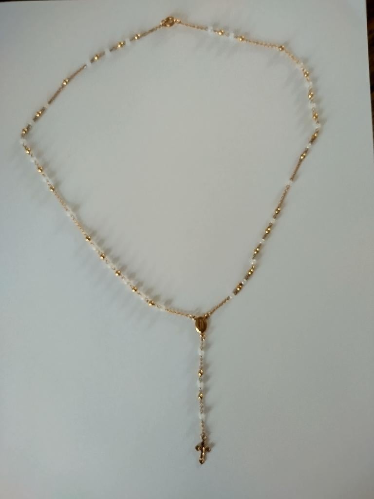 Gouden Rozenkrans Ketting met Witte Kralen, Ophalen of Verzenden, Zo goed als nieuw, Goud, Overige materialen