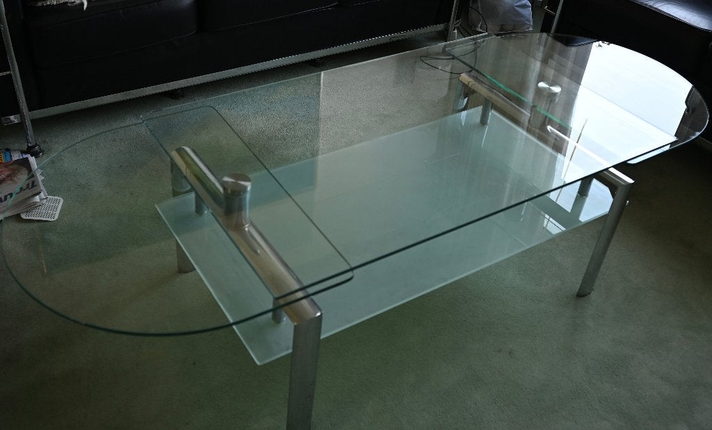 salontafel 2 glazen bladen waarvan draaibaar bovenblad, Ophalen, Gebruikt, Bauhaus, 100 tot 150 cm