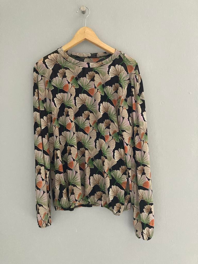 Stijlvolle blouse met ginkgo bladprint, Maat 38/40 (M), Verzenden, Zwart, Zo goed als nieuw