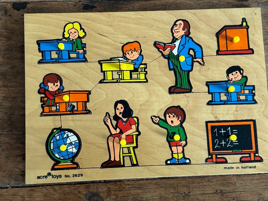 houten puzzel met schoolafbeeldingen, Ophalen, Zo goed als nieuw, Van hout, Minder dan 10 stukjes