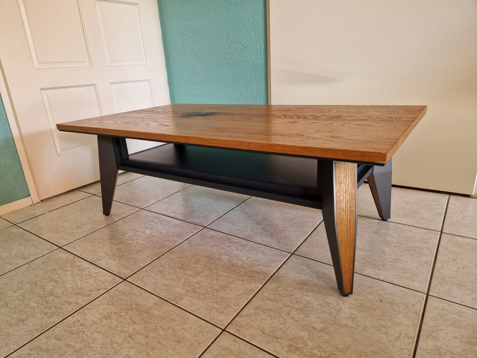 Salontafel zwart metaal met hout L110xB60xH38 cm, Huis en Inrichting, Tafels | Salontafels, Gebruikt, 100 tot 150 cm, 50 tot 100 cm