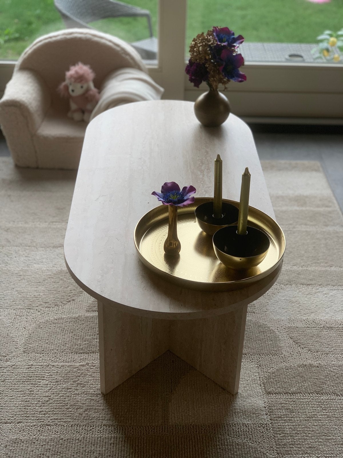 Ovale travertijn salontafel - Zo goed als nieuw, Ophalen, Overige materialen, 50 tot 100 cm, 100 tot 150 cm