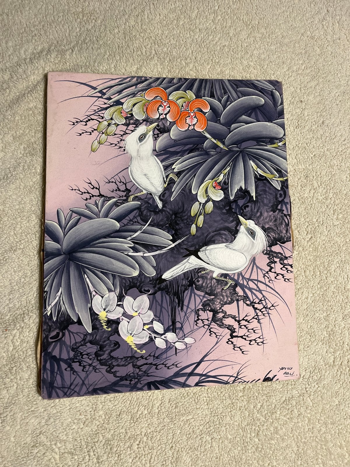 Vintage Balinees schilderij met vogels en orchideeën, Ophalen