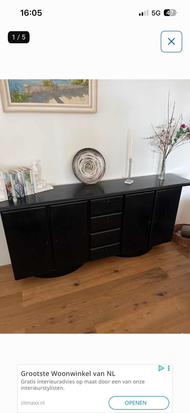 Zwart dressoir met lades (222 breed), Ophalen, Zo goed als nieuw, 25 tot 50 cm