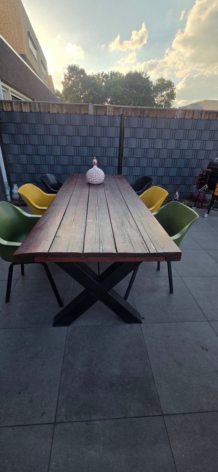Steigerhouten tuintafel met X-poten (280x101cm), Tuin en Terras, Tuintafels, Ophalen, Gebruikt, Rechthoekig, Hout