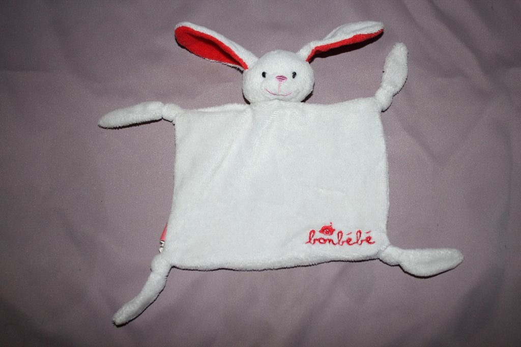 Bonbebe knuffel konijn wit/rood - knuffeldoekje 20x15cm, Gebruikt, Overige merken, Overige karakters, Ophalen of Verzenden
