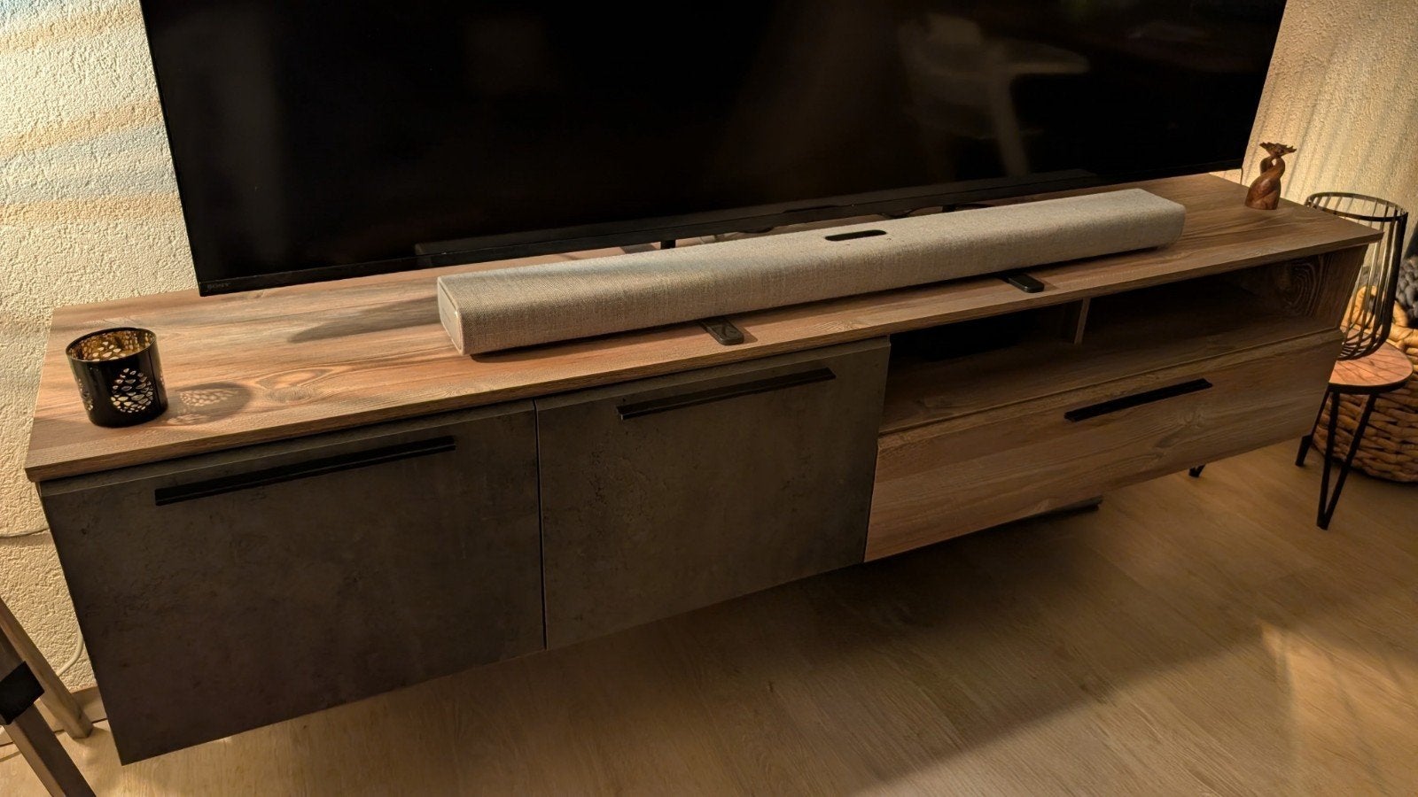 Tv-meubel licht eiken met betonlook (200x41x41 cm), Ophalen, Gebruikt, Modern, Industrieel, 150 tot 200 cm