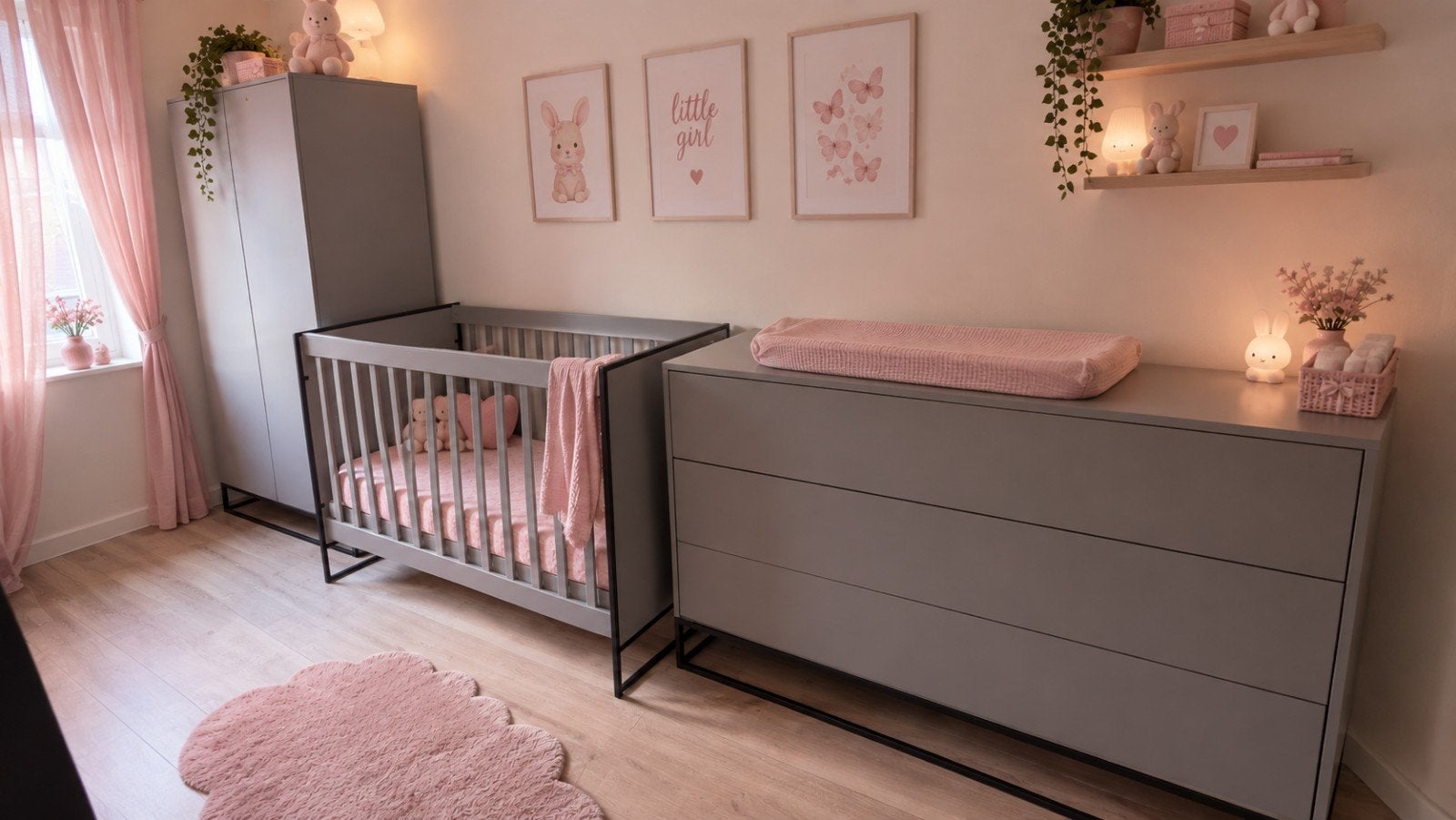 Babykamer Dayley - Ledikant, Commode & Kledingkast Grijs, Kinderen en Baby's, Ophalen, Zo goed als nieuw, Jongetje of Meisje