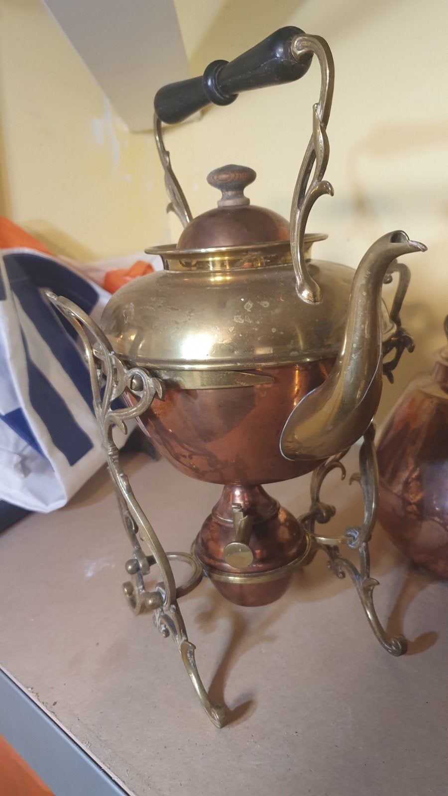 Antieke koperen theeketel met brander, Antiek en Kunst, Antiek | Koper en Brons, Ophalen of Verzenden