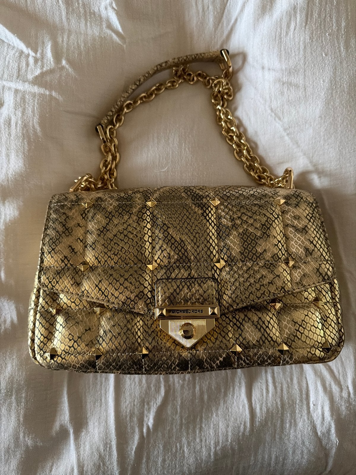 Michael Kors Soho shoulderbag Goud Slangenprint, Ophalen of Verzenden, Zo goed als nieuw, Goud, Overige merken
