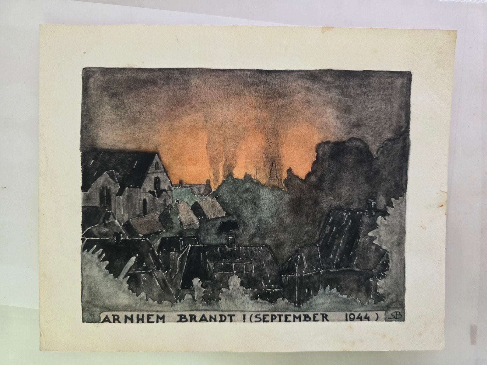aquarel 'Arnhem brandt, september 1944'., Verzamelen, Militaria | Tweede Wereldoorlog, Ophalen of Verzenden, Overige soorten, Nederland
