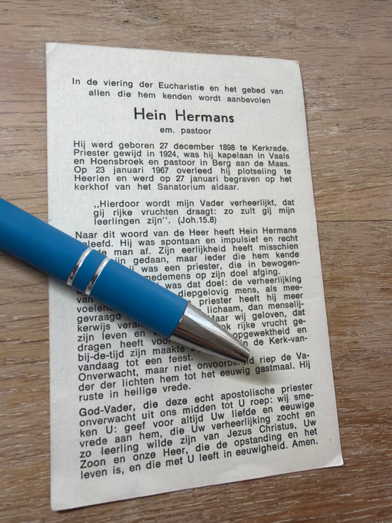 Hermans Hein 1898 Kerkrade 1967 Heerlen priester Hoensbroek, Ophalen of Verzenden, Bidprentje
