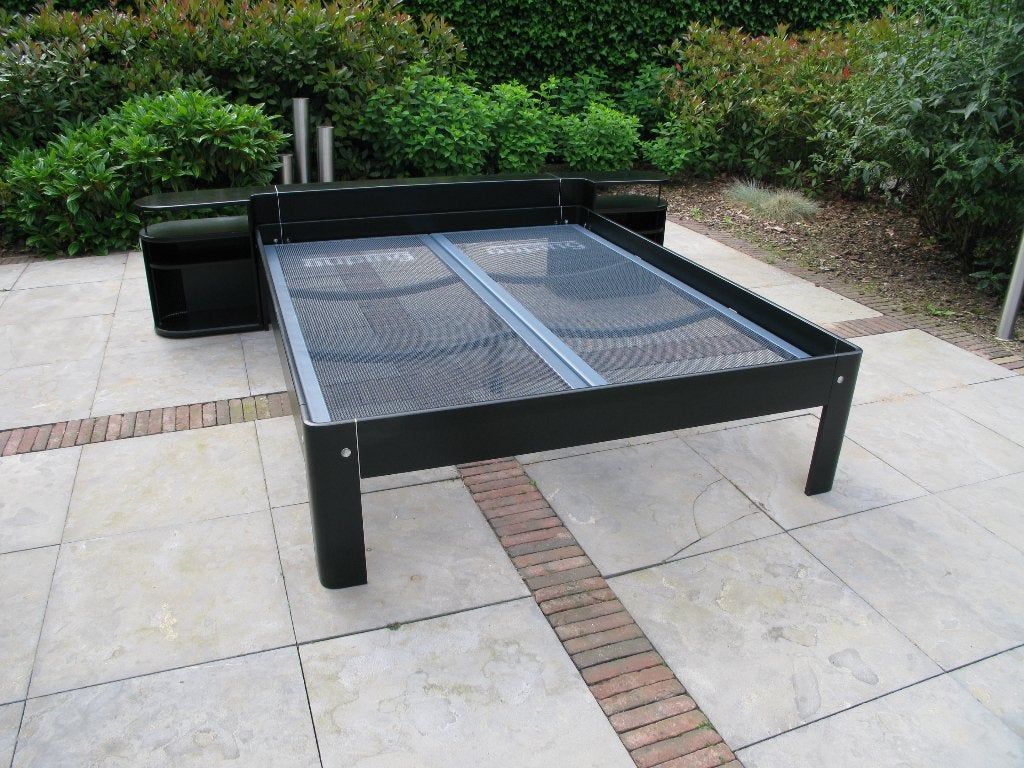 Auping Auronde 160x200 met achterwand , hoog model, Ophalen, Gebruikt, Zwart, Tweepersoons