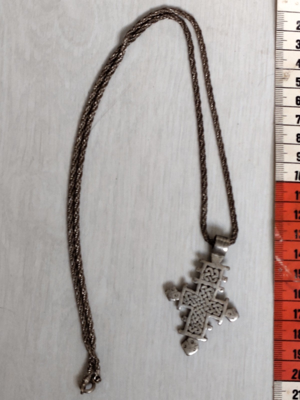 Vintage Ethiopisch Zilveren Kruis (Lalibela) + 925 Ketting, Ophalen of Verzenden, Zo goed als nieuw, Zilver, Zilver