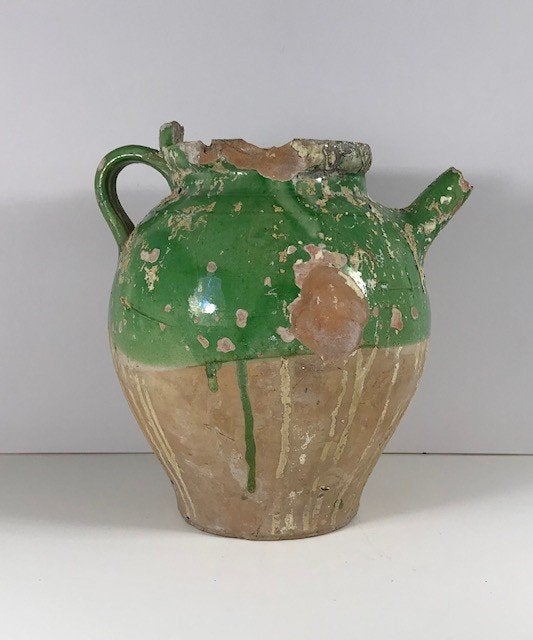 Antieke Franse gargoulette groen / geel uit de Provence, Ophalen of Verzenden