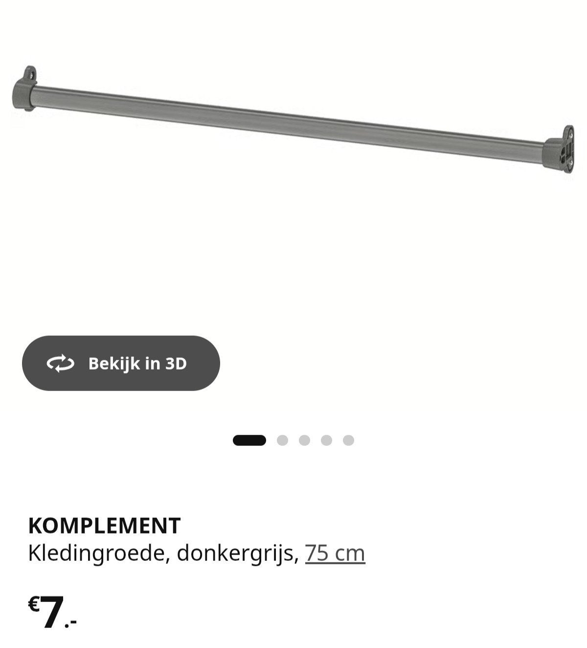 IKEA KOMPLEMENT Kledingroede donkergrijs 75 cm, Huis en Inrichting, Ophalen of Verzenden, Gebruikt