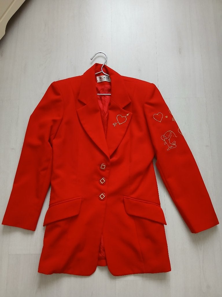 Rode Mantelpak rok en blazer maat S, Ophalen of Verzenden, Zo goed als nieuw, Maat 38/40 (M), Rood