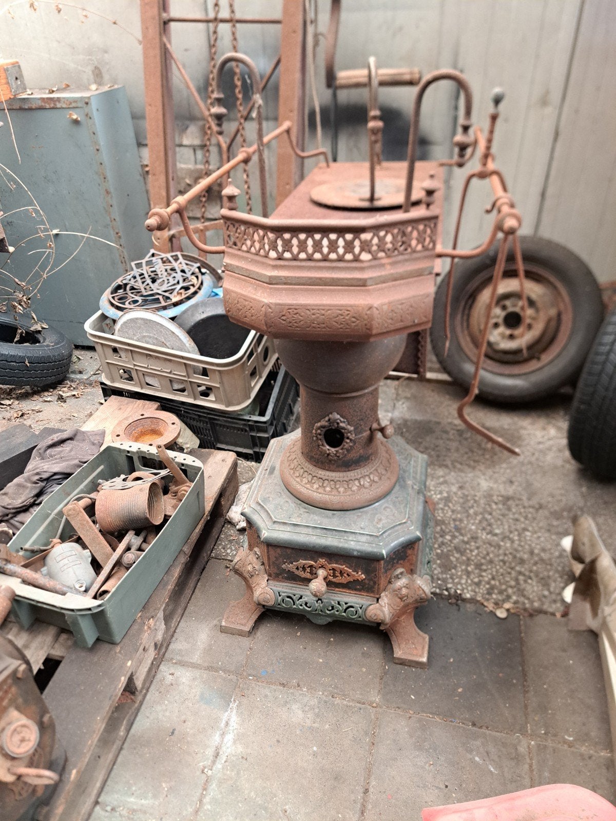 antieke platte buis kachel, Ophalen, Gebruikt, Hout, Houtkachel