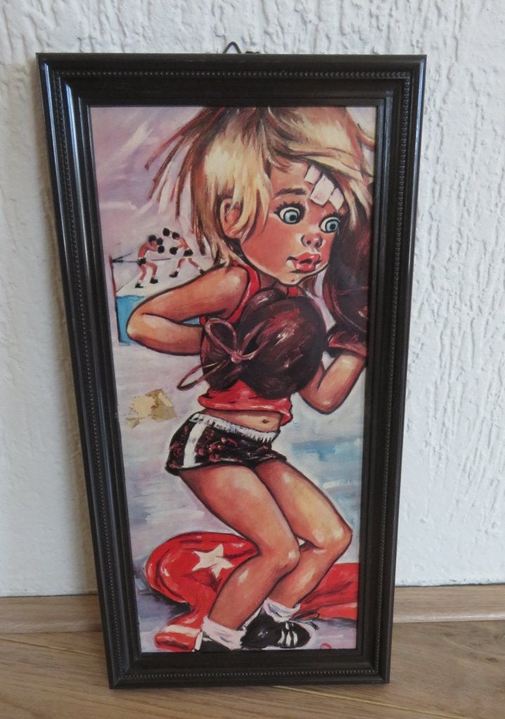 Wanddeco boksmeisje Jaren 70, Ophalen of Verzenden, Gebruikt, Achter glas