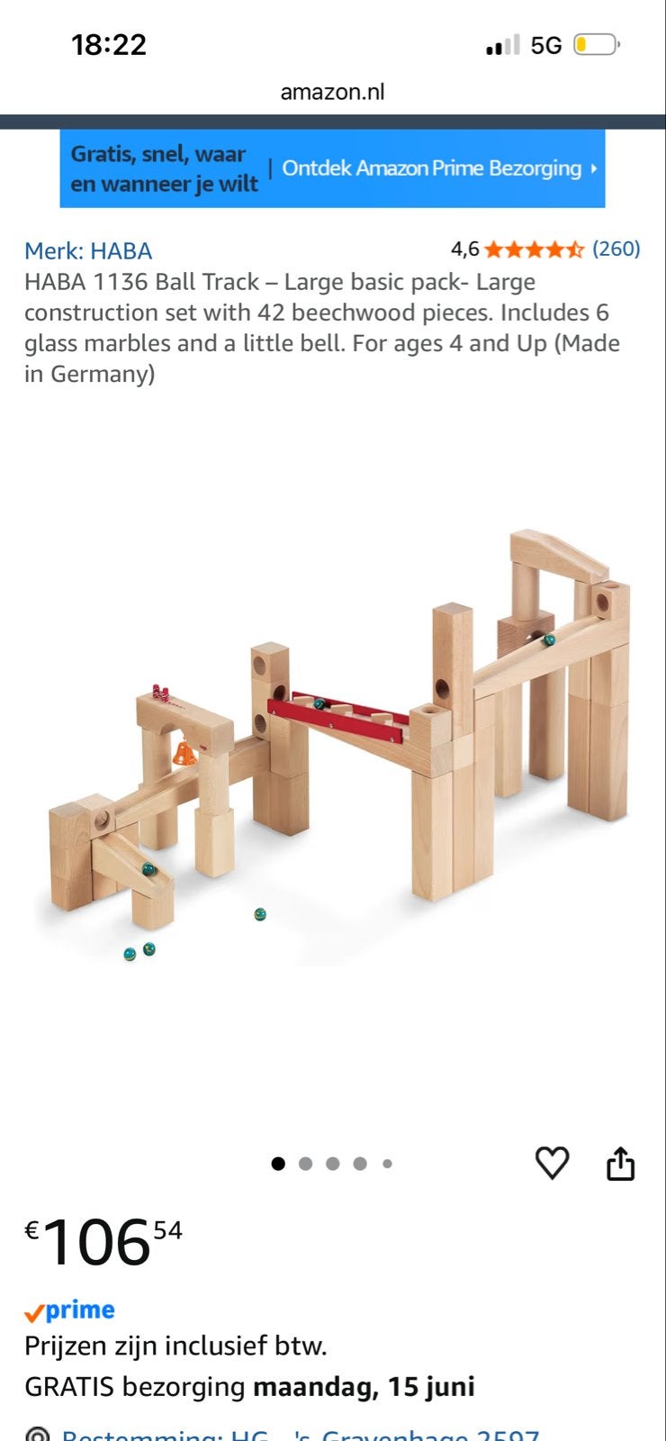 Haba houten knikkerbaan 42 stuks met opbergzak, Ophalen of Verzenden, Zo goed als nieuw, Overige merken
