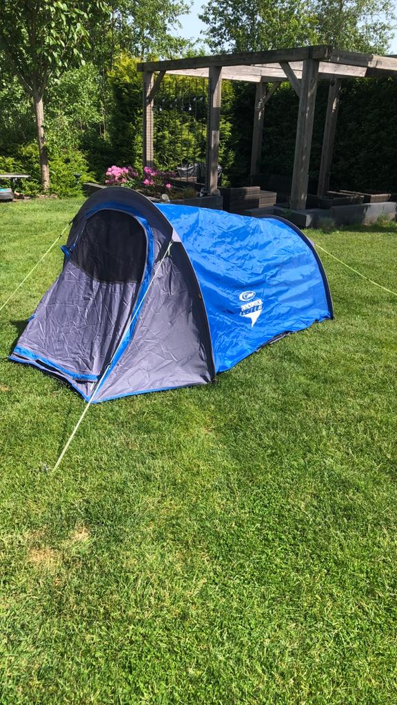 2 persoons bijzettentje lichtgewicht blauw, Caravans en Kamperen, Ophalen, Zo goed als nieuw, Tot en met 2