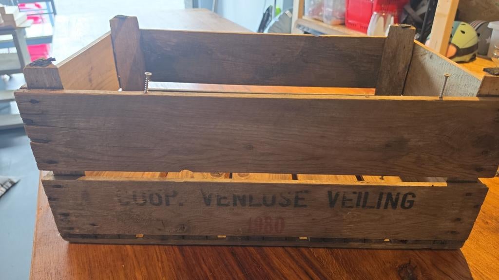Set van 2 vintage houten kratten: Veilingkrat & Wijnkrat, Minder dan 50 cm, Gebruikt, Minder dan 50 cm, Ophalen of Verzenden
