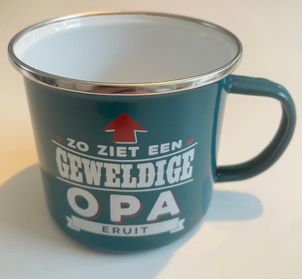 Emaille mok 'Geweldige Opa' - History & Heraldry, Ophalen of Verzenden, Zo goed als nieuw, Metaal, Overige merken