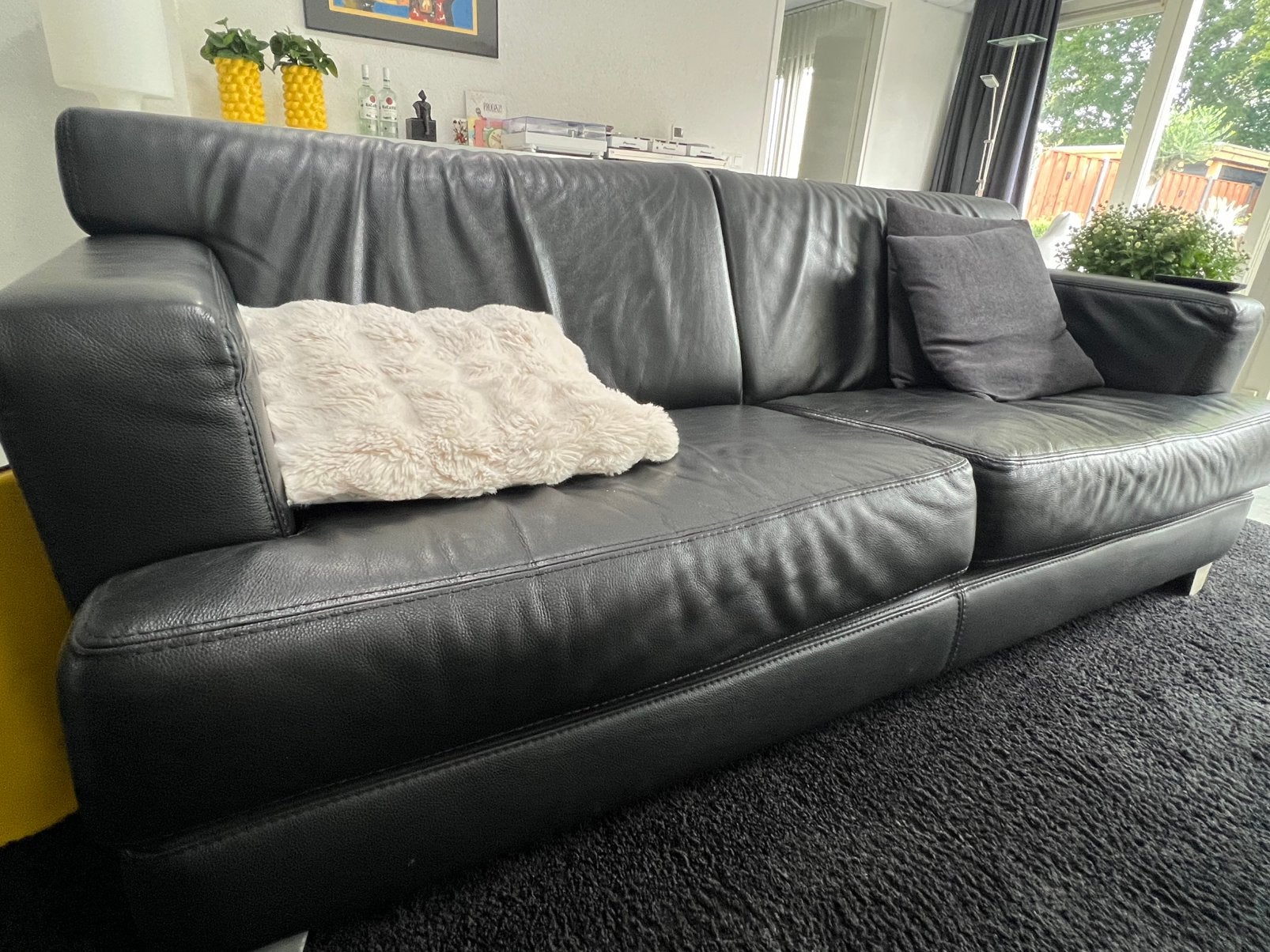 Zwart leten bankstel en stoel, Ophalen, Zo goed als nieuw, 75 tot 100 cm, Leer