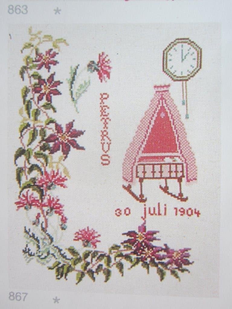 borduurpatroon geboorte tegel met bijbehorende bloemen, Hobby en Vrije tijd, Borduren en Borduurmachines, Ophalen of Verzenden