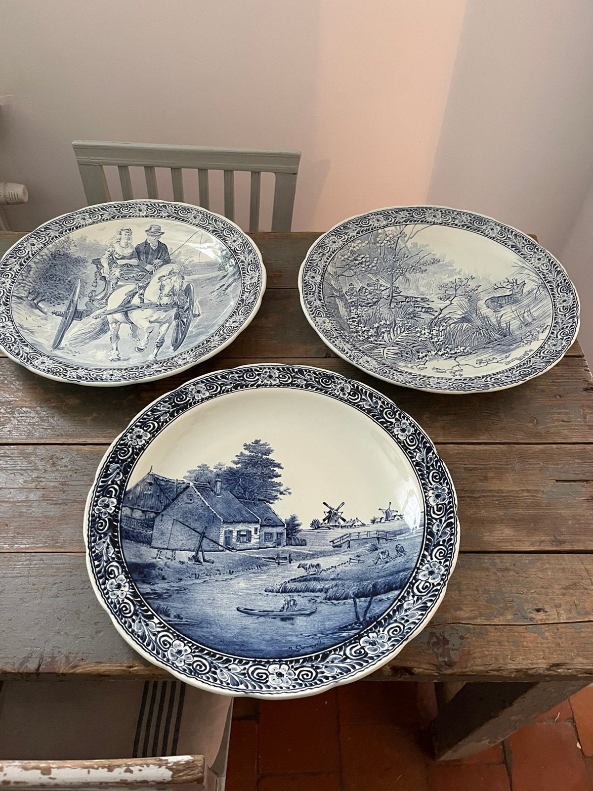 ANTIEK VINTAGE DELFT BLAUW XL BORD WANDBORD 3 STUKS, Ophalen of Verzenden