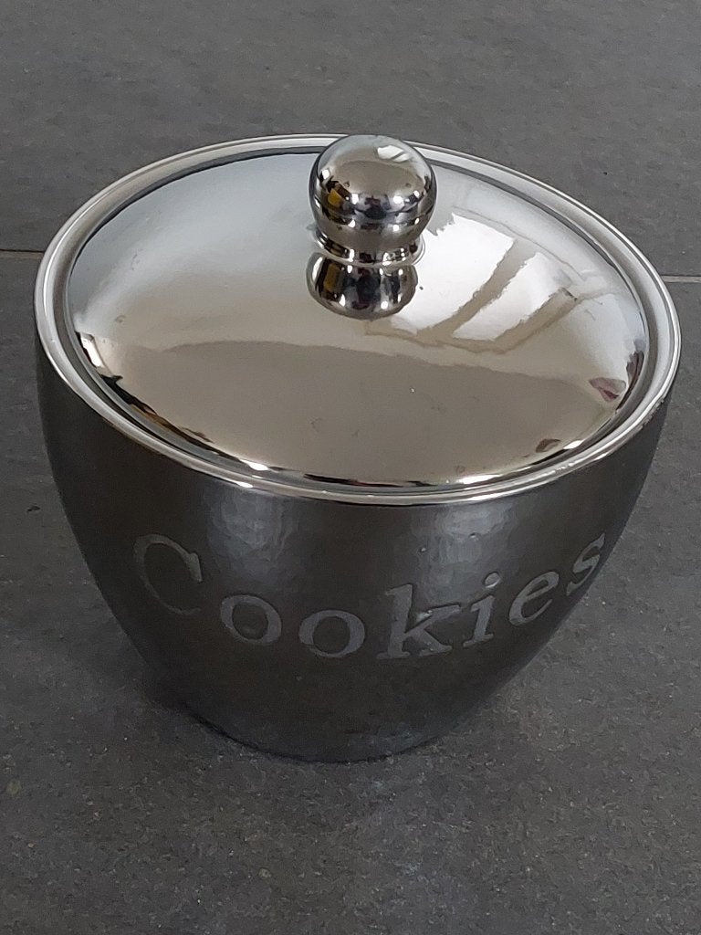 Cookies koekjespot snoep voorraadpot zilvergrijs glanzend, Zilver, Ophalen of Verzenden, Zo goed als nieuw, Voorraadpot