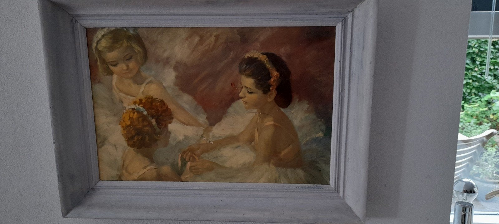 Schilderij van drie jonge ballerina's, Antiek en Kunst, Kunst | Schilderijen | Klassiek, Ophalen, Doek, Portret of Personen, Olieverf