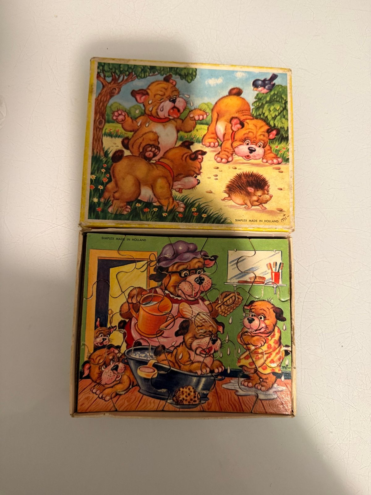 Vintage Simplex Puzzels: Hondjes in Bad & Speeltuin, Ophalen of Verzenden, Minder dan 10 stukjes, Gebruikt, 2 tot 4 jaar