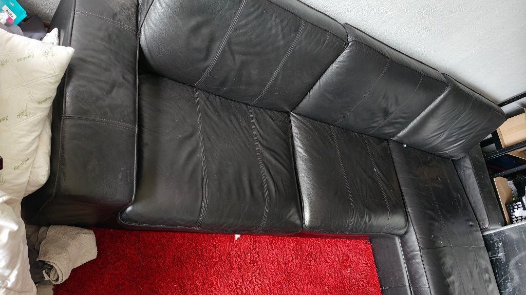 Zwarte leren hoekbank, Ophalen, 250 tot 300 cm, Gebruikt, 100 tot 125 cm