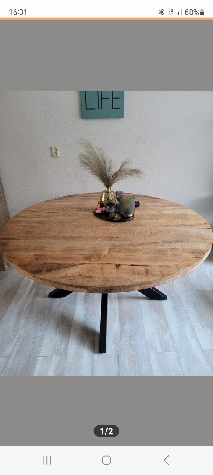 Ronde mango eettafel doorsnede 1.50 mtr
met stalen kruispoot, Ophalen, Rond, Zo goed als nieuw, 100 tot 150 cm