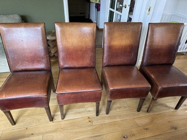 6 eetkamerstoelen lounge atelier schapenleer, Huis en Inrichting, Ophalen, Gebruikt, Bruin, Leer