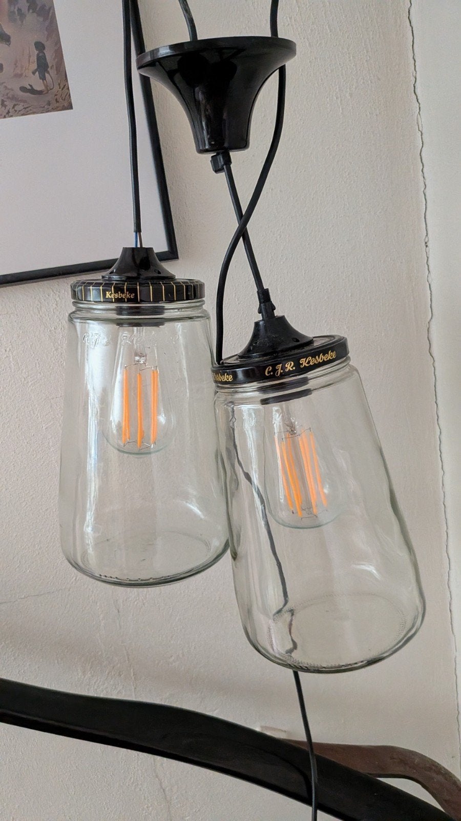 Kesbeke hanglampen met mooie LED lampen, Huis en Inrichting, Gebruikt, Glas, Industrieel, Vintage, Upcycled, E27 (groot)