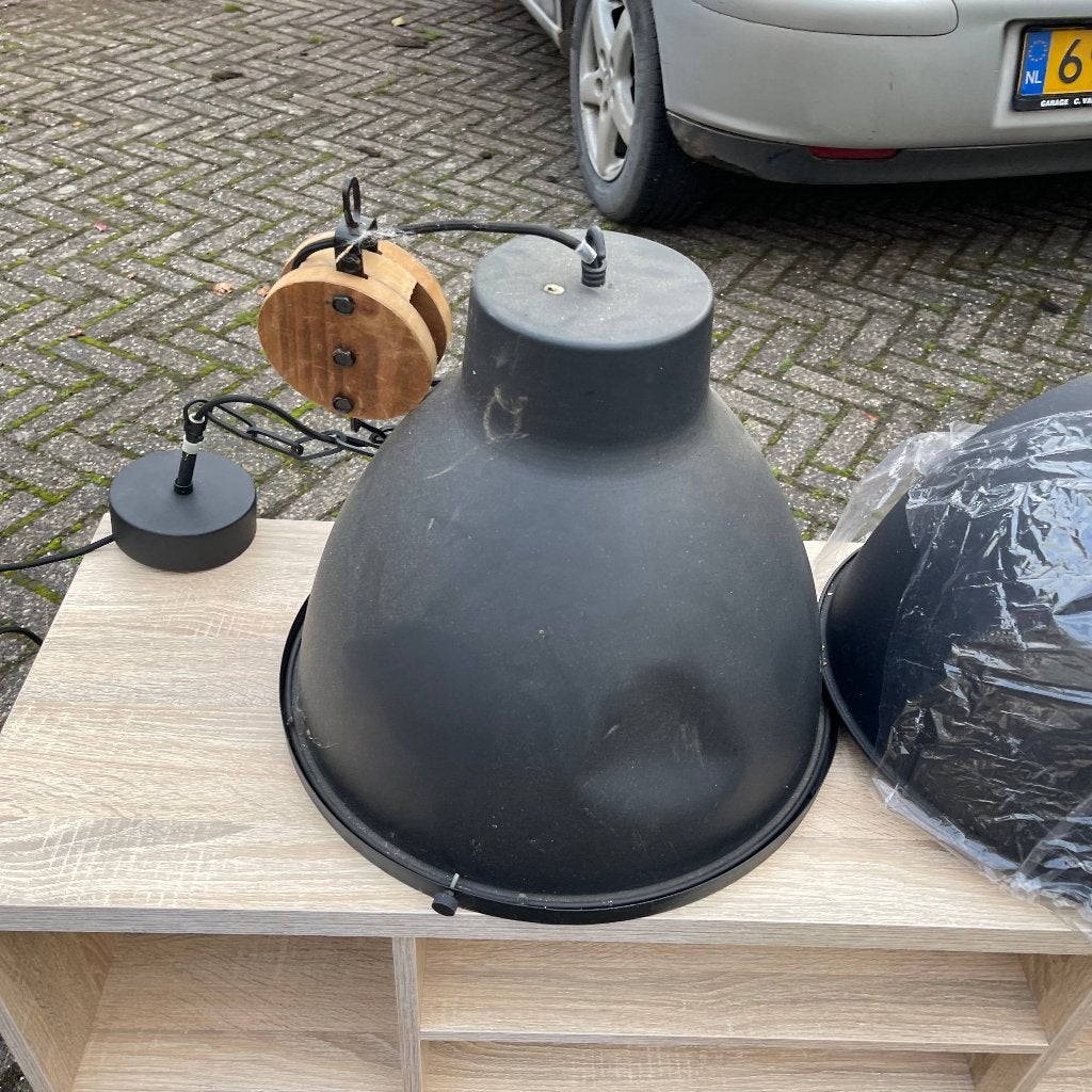 2x Hanglamp Elimo Zwart Mat met Houten Katrol Lamp 40cm, Elimo, Elimo, Elimo, Overige fittingen