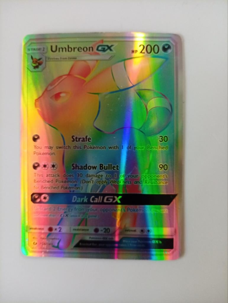 Umbreon GX Pokémon kaart - Full Art Rainbow Rare, Ophalen of Verzenden, Zo goed als nieuw, Losse kaart, Foil