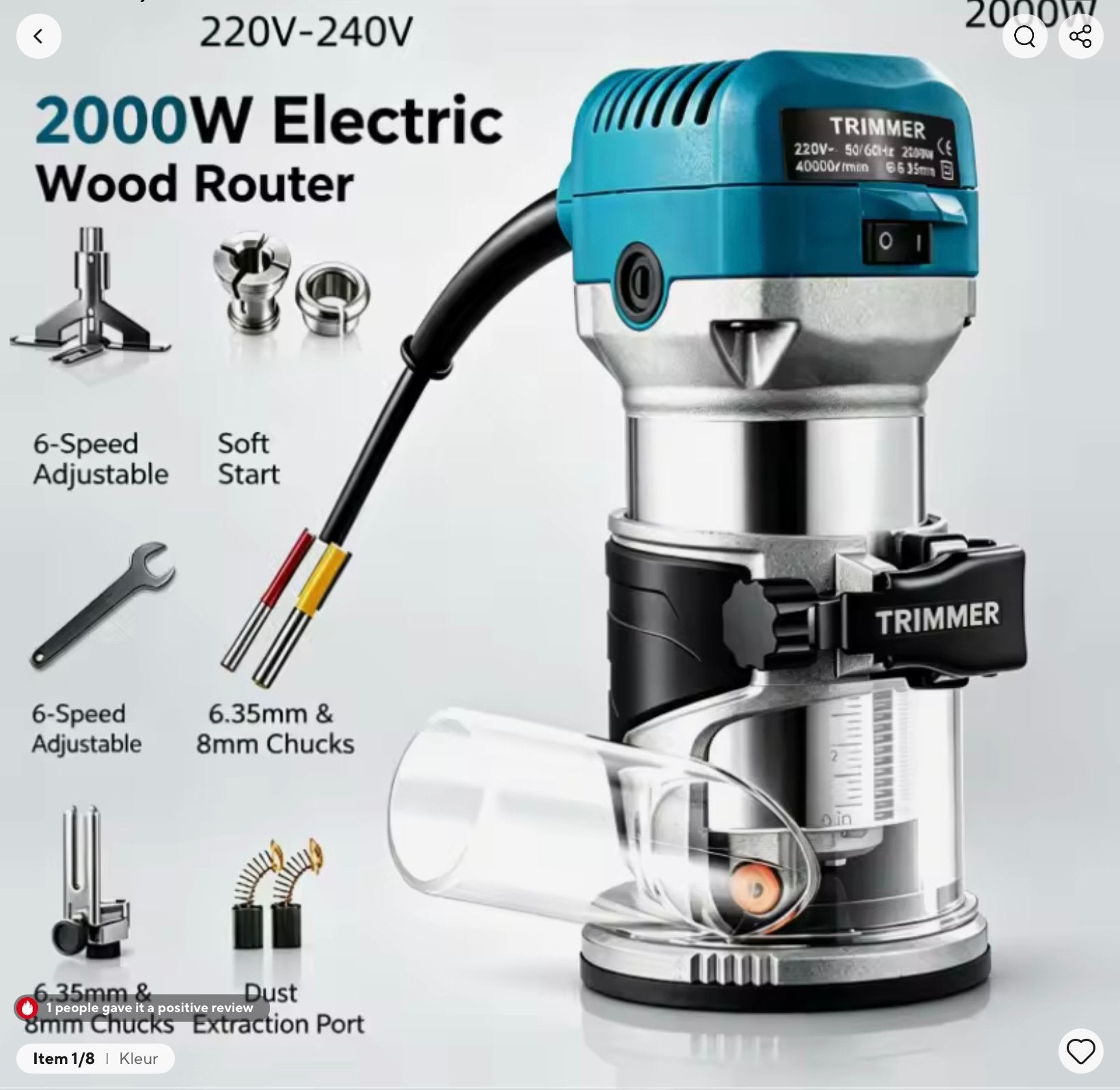 2000 Watt- 40.000toeren - kantenfrees - 6.35 en 8 mm spantan, Ophalen of Verzenden, Nieuw, Elektrisch, Bovenfrees