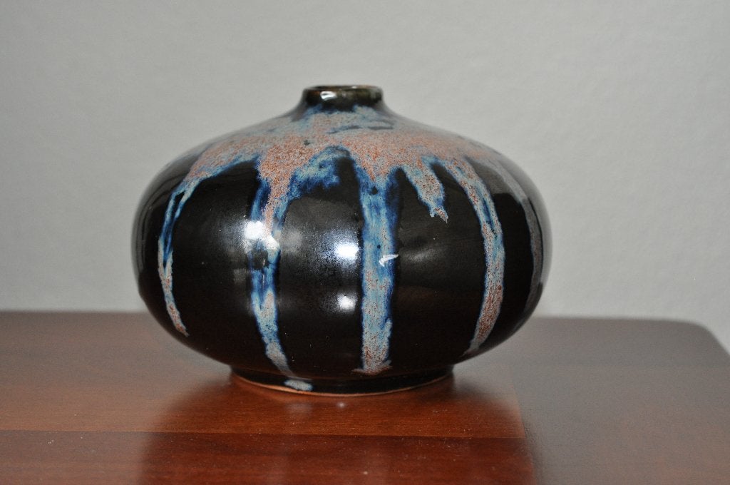 Vintage KLEINE Raku Vaas Druipglazuur 13 cm, Ophalen of Verzenden