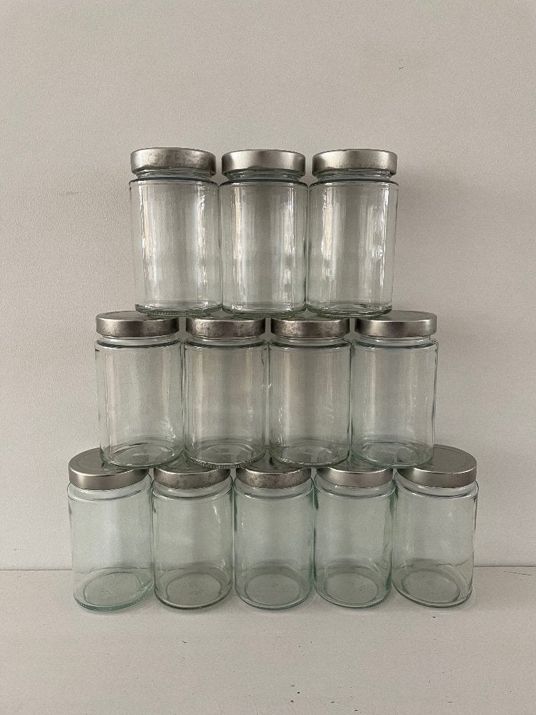 12 glazen potjes met metalen deksel glas - voorraad huwelijk, Ophalen, Gebruikt, Glas
