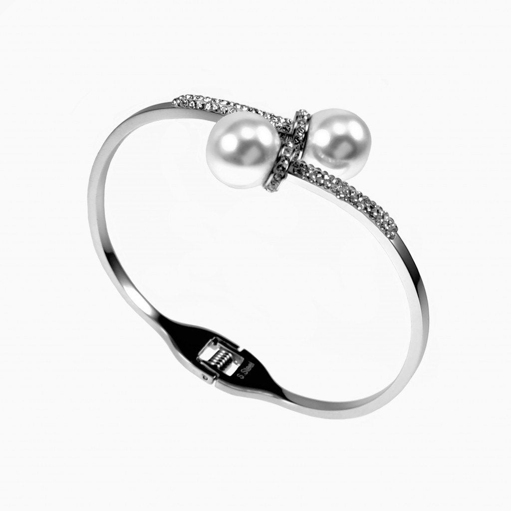Bangle Dames - Staal - Open Armband met Parels en Zirkonia s, Met kristal, Staal, Birgitta-Gracht 33, 6465 EL Kerkrade, Nederland