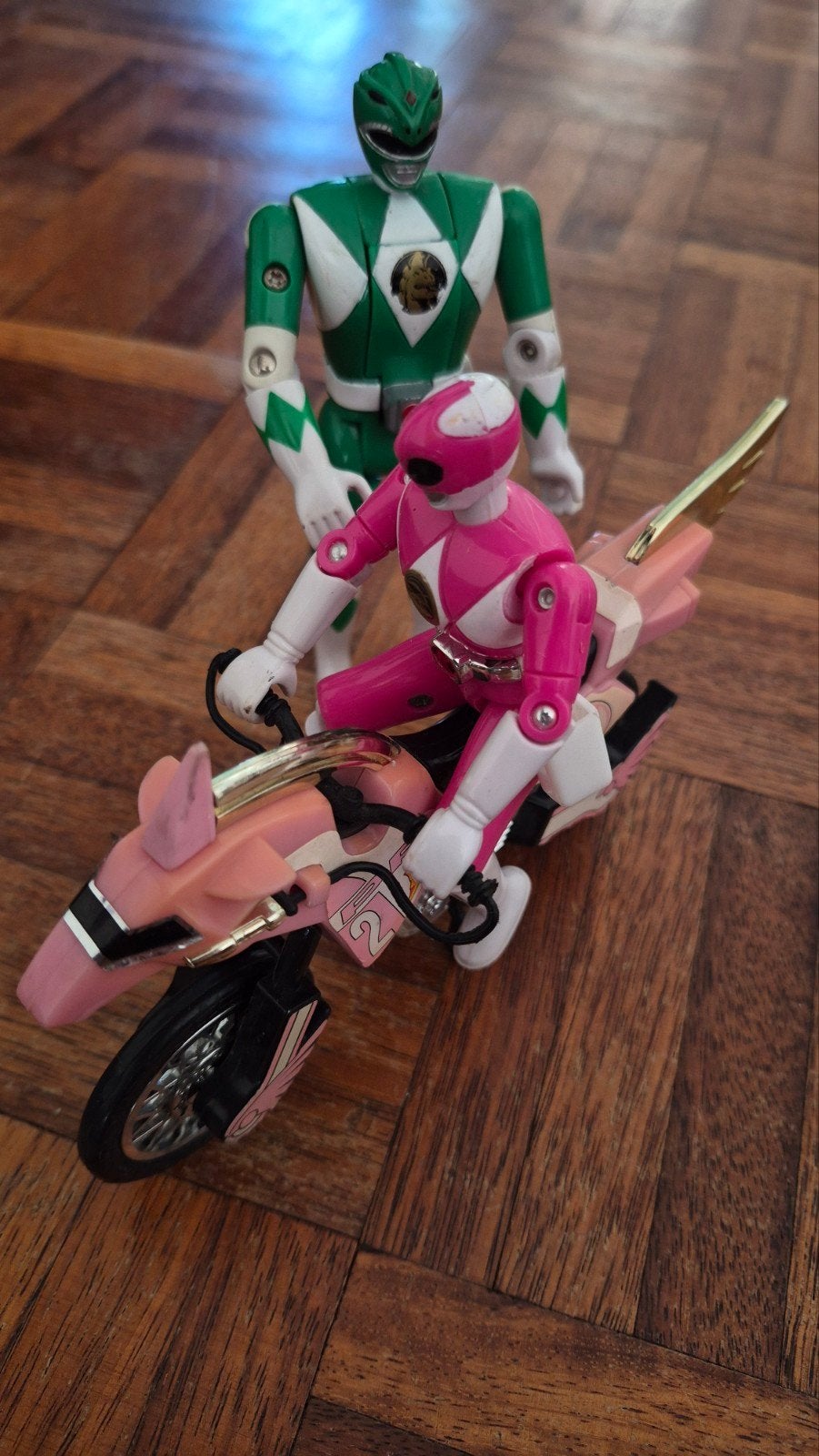 Vintage Bandai Pink & Green Ranger + Thunder Bike, Ophalen of Verzenden, Gebruikt