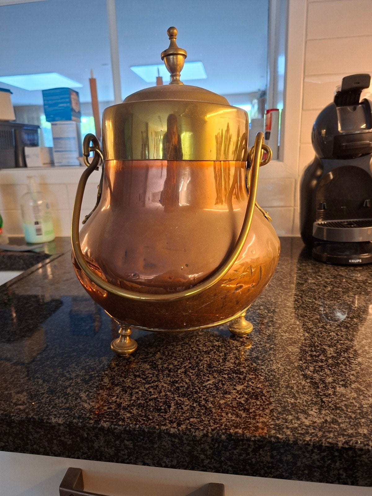 Antieke Koperen Pot met Messing Deksel en Handvat, Ophalen, Koper