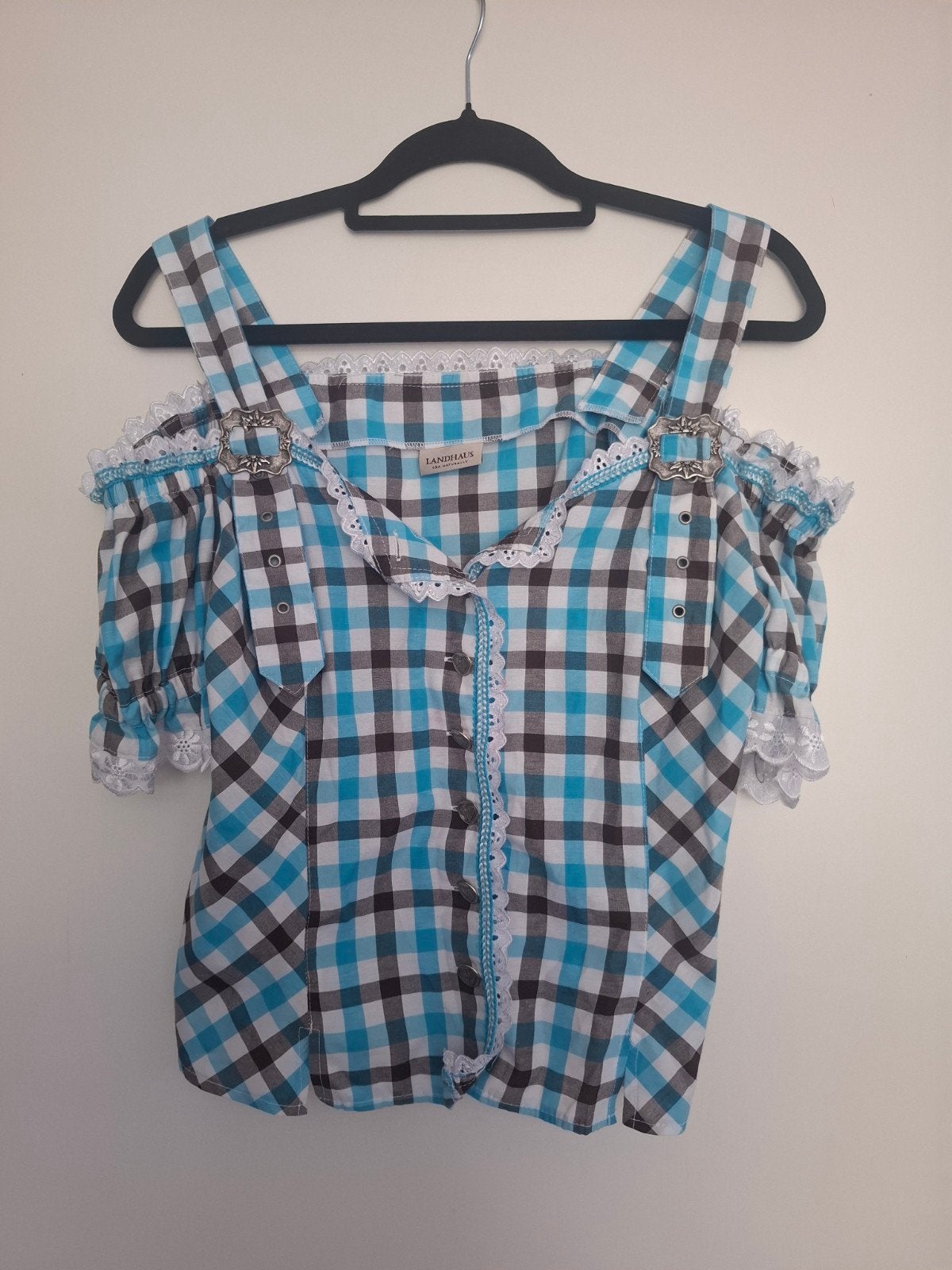 Landhaus geruit off-shoulder topje maat 44, Blauw, Maat 42/44 (L), Ophalen of Verzenden, Gedragen