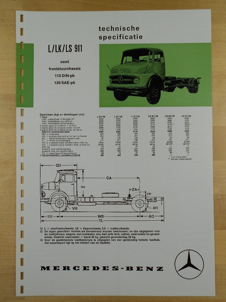 Mercedes 911 L LK LS 1973 Torpedo Specificatie Brochure, Zo goed als nieuw, Mercedes-Benz, Mercedes, Ophalen of Verzenden