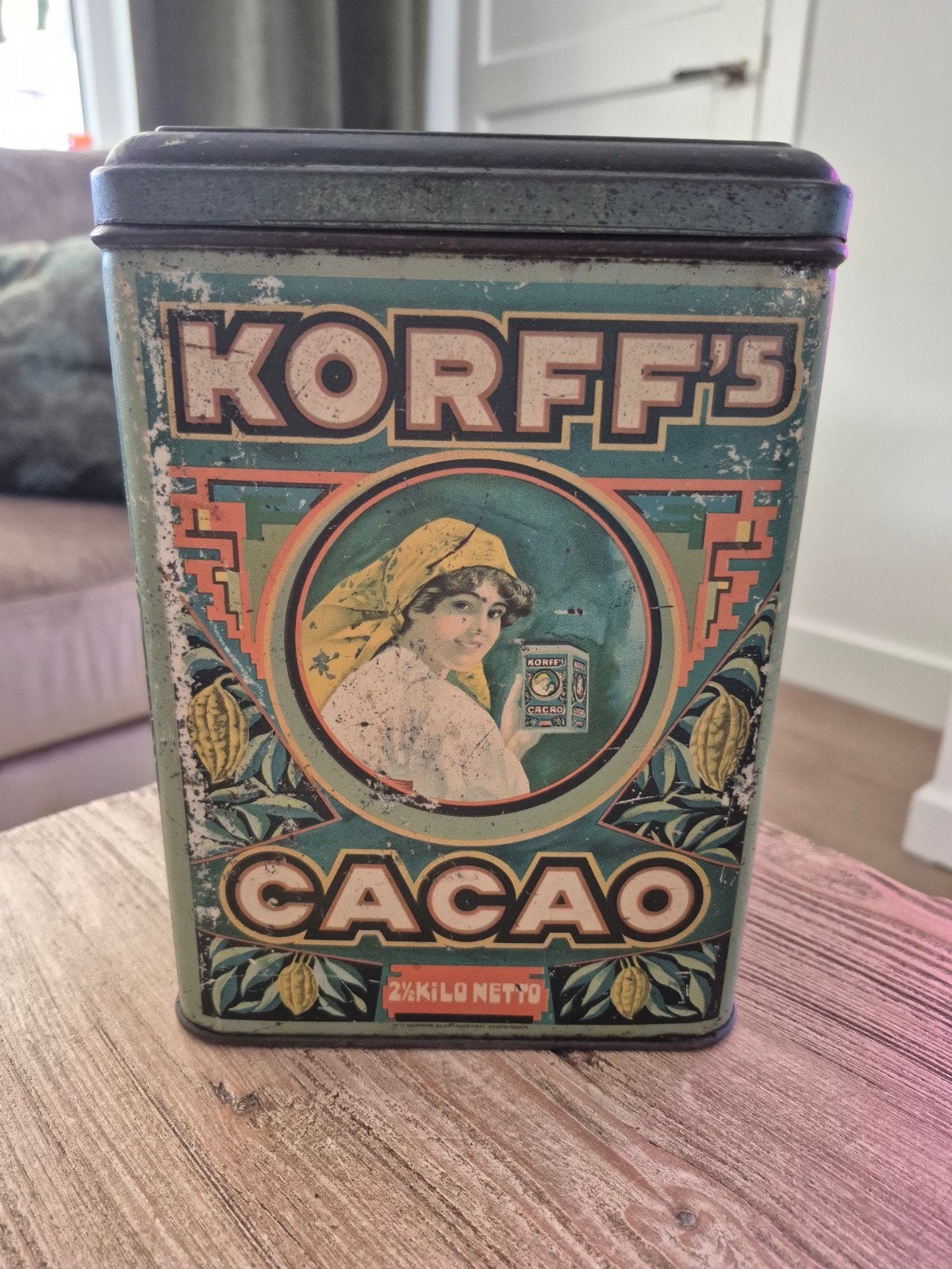 Antiek Winkelblik Korff's Cacao Amsterdam, Verzamelen, Blikken, Ophalen of Verzenden, Gebruikt, Overige