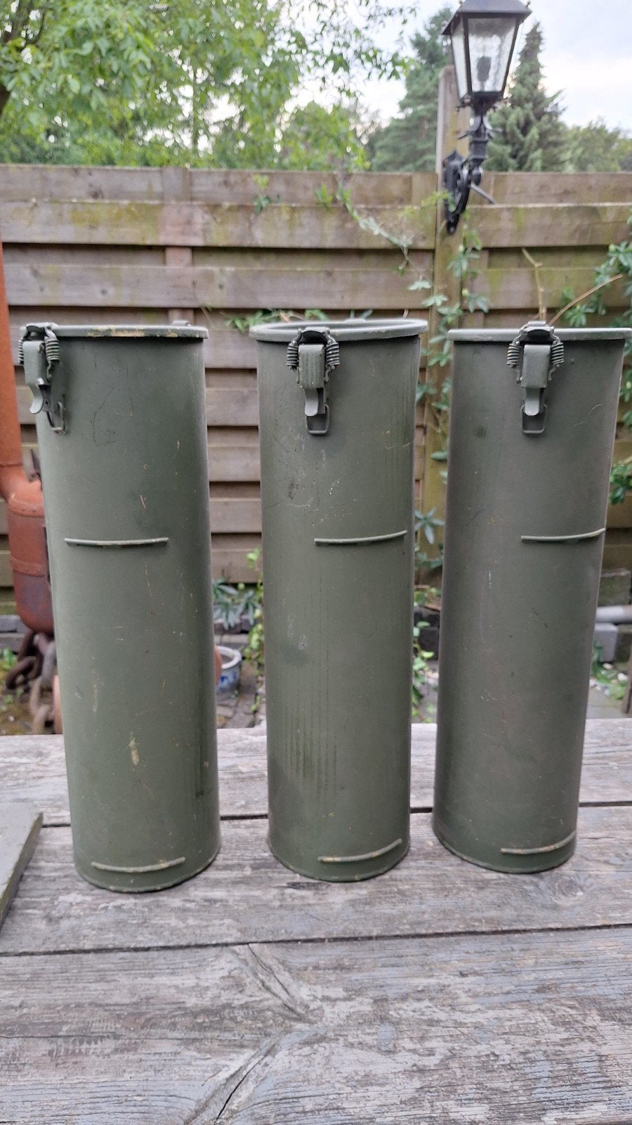 3 metalen kokers, militair, Ophalen, Landmacht, Nederland, Miniatuur of Beeldje